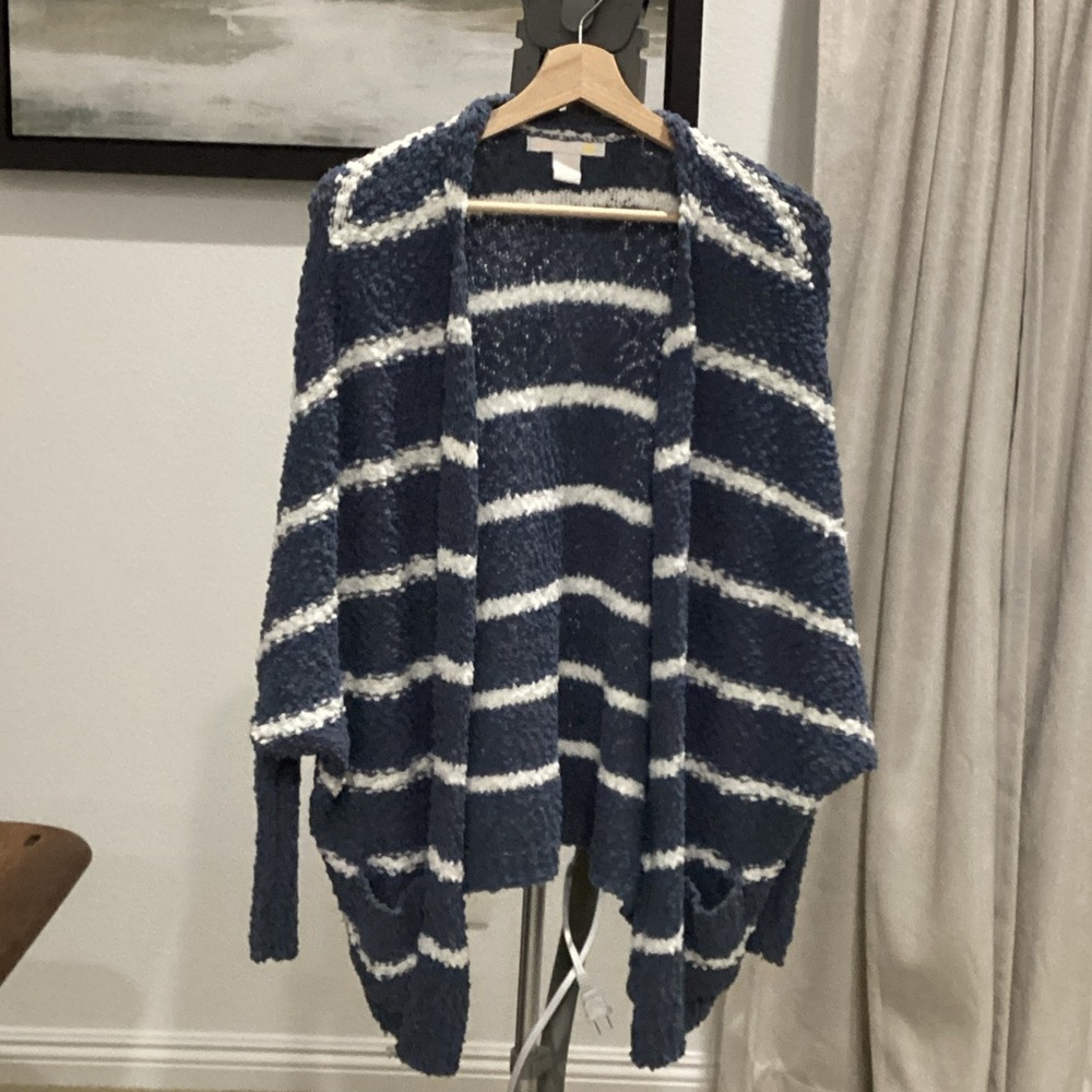 Bluish Gray and White Striped Women's Cardigan